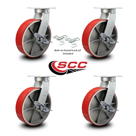 Service Caster 12 Inch Heavy Duty Red Poly on Cast Iron Caster Brakes 2 Swivel Locks, 4PK SCC-KP92S1230-PUR-RS-SLB-BSL-2-SLB-2